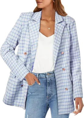 Happy Sailed Womens Plaid Tweed Blazers Dressy Casual Long Sleeve Double Breasted Open Front Blazer Jackets Work Suits