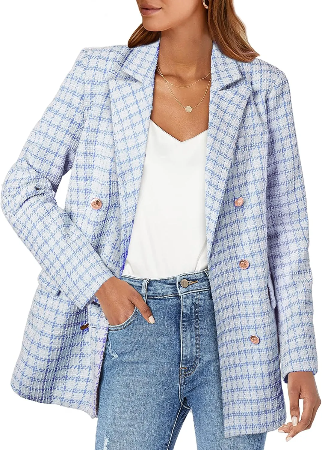 Happy Sailed Womens Plaid Tweed Blazers Dressy Casual Long Sleeve Double Breasted Open Front Blazer Jackets Work Suits
