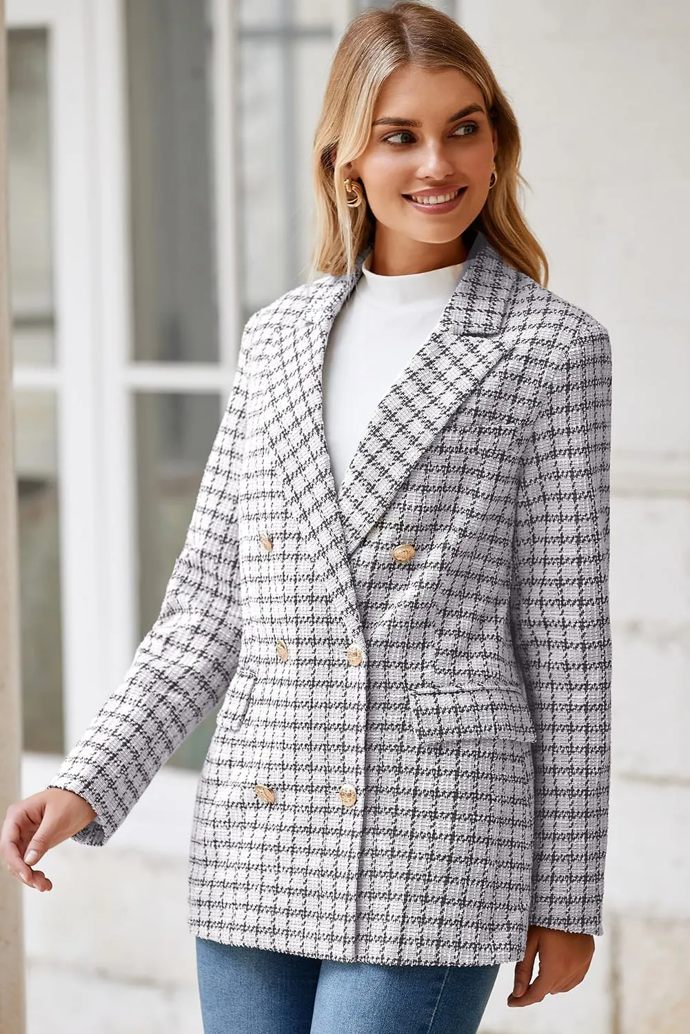 Happy Sailed Womens Plaid Tweed Blazers Dressy Casual Long Sleeve Double Breasted Open Front Blazer Jackets Work Suits