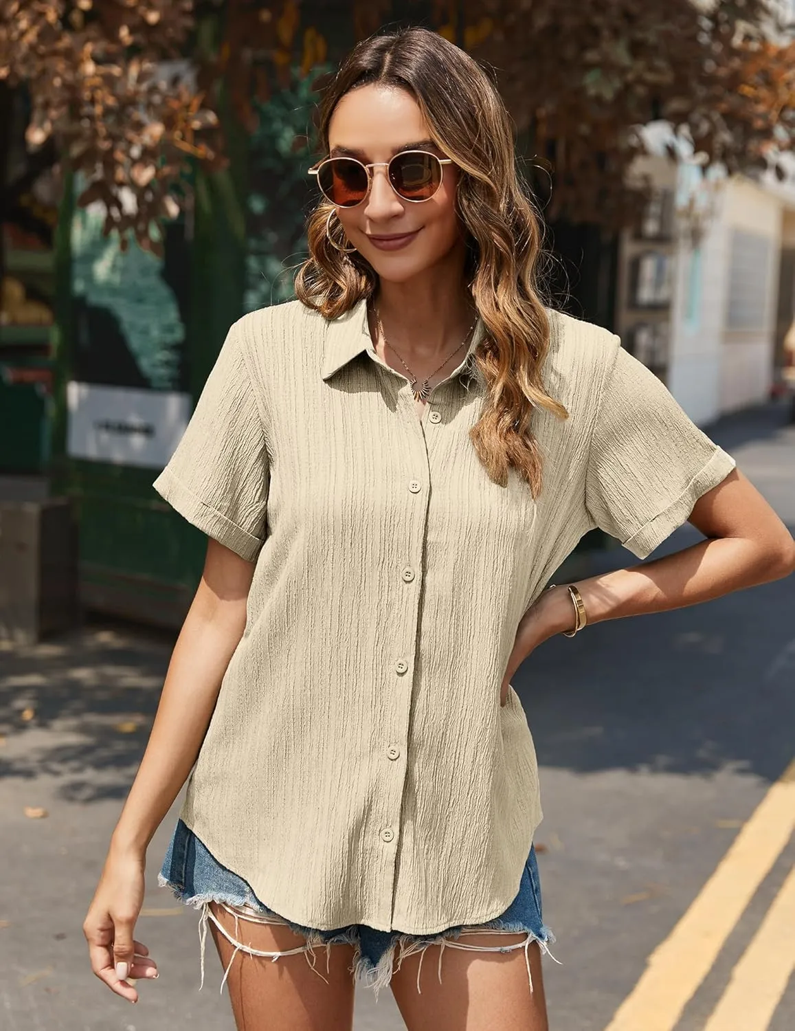 HOTOUCH Womens Button Down Shirt Short Sleeve Dress Shirt V Neck Collared Button Up Summer Tops Textured Work Blouse
