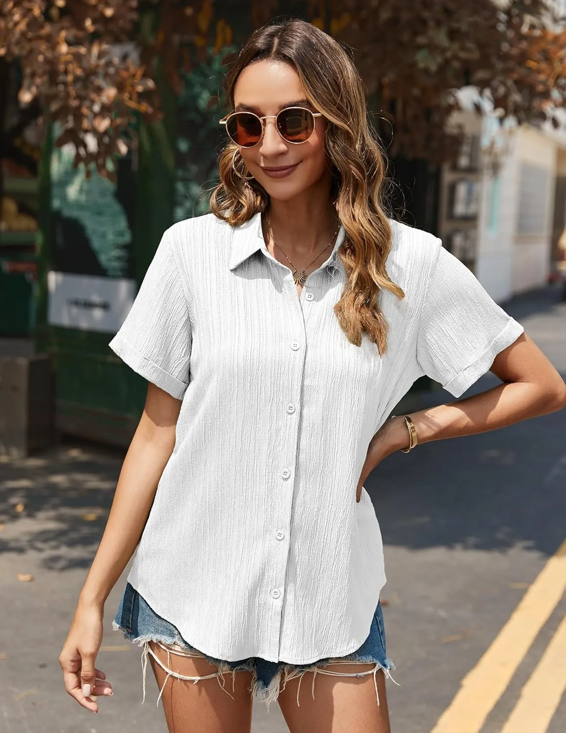 HOTOUCH Womens Button Down Shirt Short Sleeve Dress Shirt V Neck Collared Button Up Summer Tops Textured Work Blouse