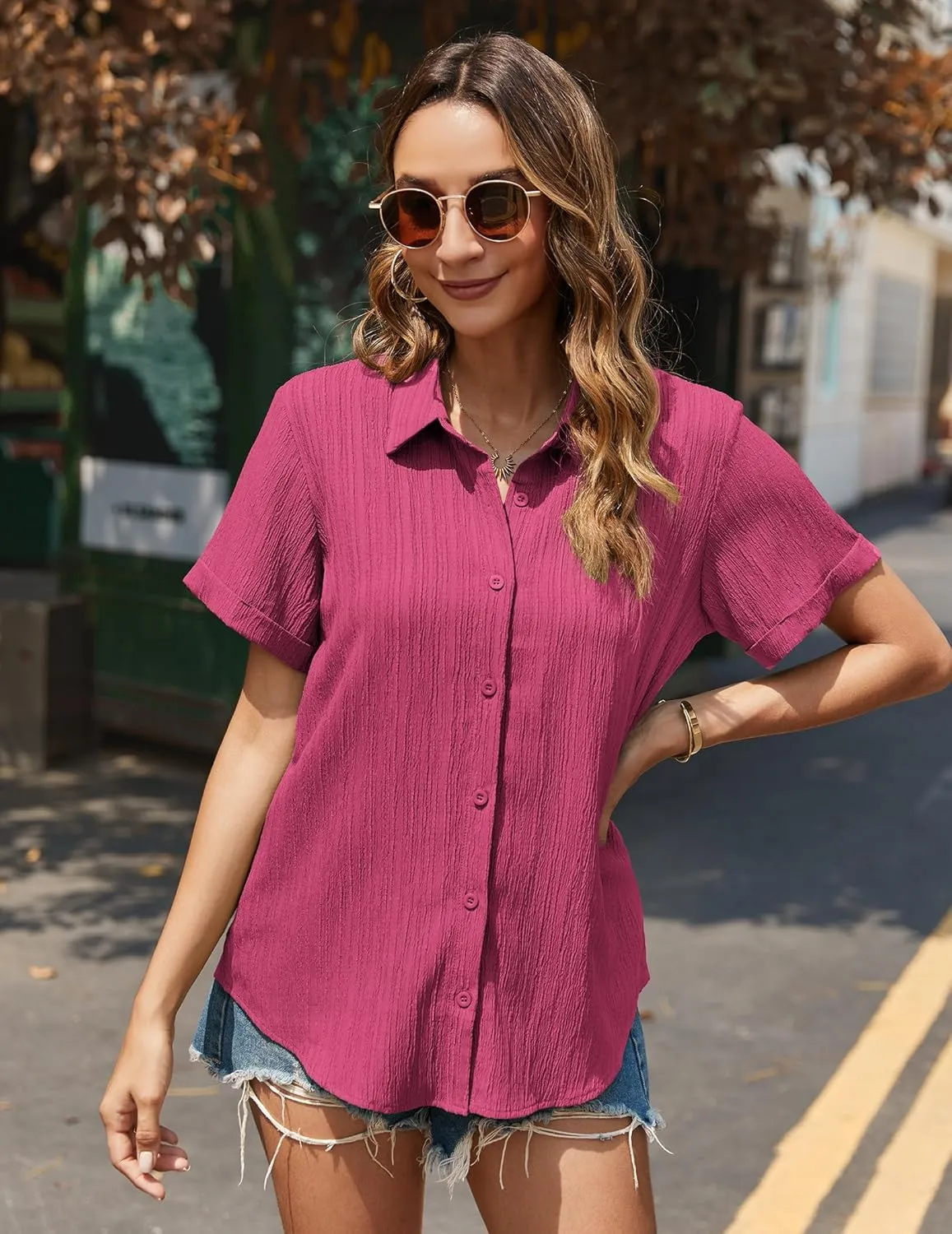 HOTOUCH Womens Button Down Shirt Short Sleeve Dress Shirt V Neck Collared Button Up Summer Tops Textured Work Blouse