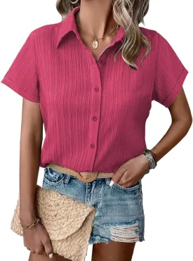 HOTOUCH Womens Button Down Shirt Short Sleeve Dress Shirt V Neck Collared Button Up Summer Tops Textured Work Blouse