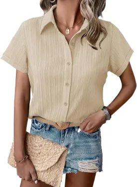 HOTOUCH Womens Button Down Shirt Short Sleeve Dress Shirt V Neck Collared Button Up Summer Tops Textured Work Blouse