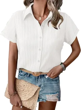 HOTOUCH Womens Button Down Shirt Short Sleeve Dress Shirt V Neck Collared Button Up Summer Tops Textured Work Blouse