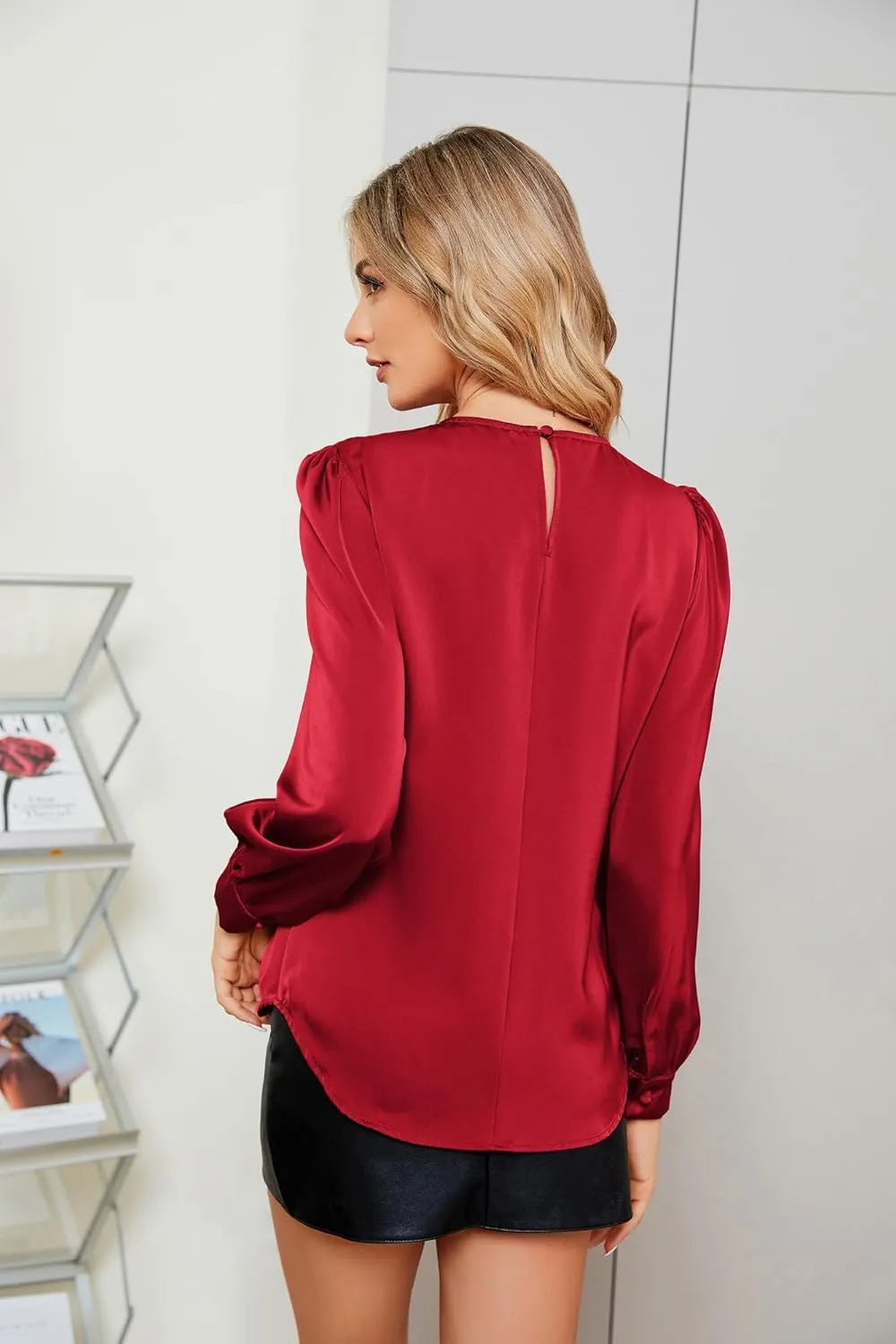 JASAMBAC Women's Satin Silk Blouse 2025 Keyhole Neck Long Sleeve Tops Elegant Casual Office Work Dressy Shirts Pullover Tops