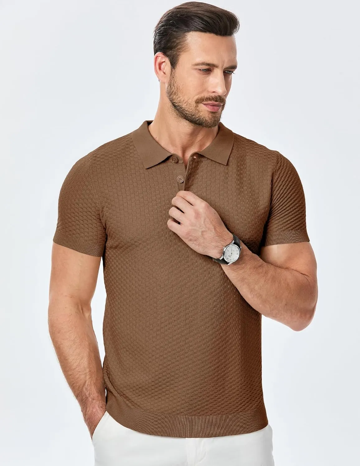 JMIERR Mens Knit Polo Shirts Classic Button Basic Textured T Shirts Casual Slim Fit Short Sleeve Summer Golf Tee Shirt