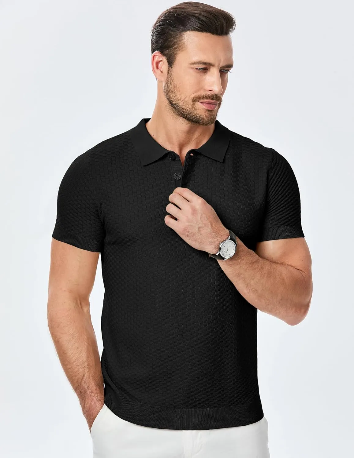 JMIERR Mens Knit Polo Shirts Classic Button Basic Textured T Shirts Casual Slim Fit Short Sleeve Summer Golf Tee Shirt