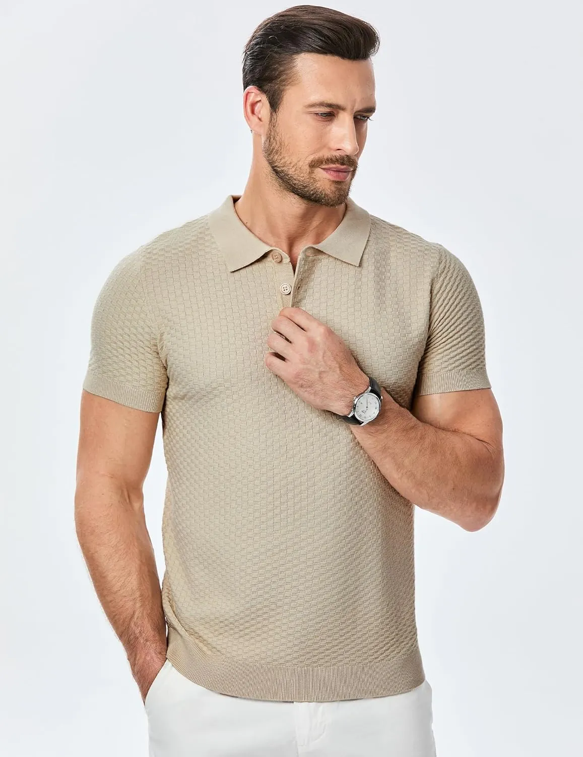 JMIERR Mens Knit Polo Shirts Classic Button Basic Textured T Shirts Casual Slim Fit Short Sleeve Summer Golf Tee Shirt