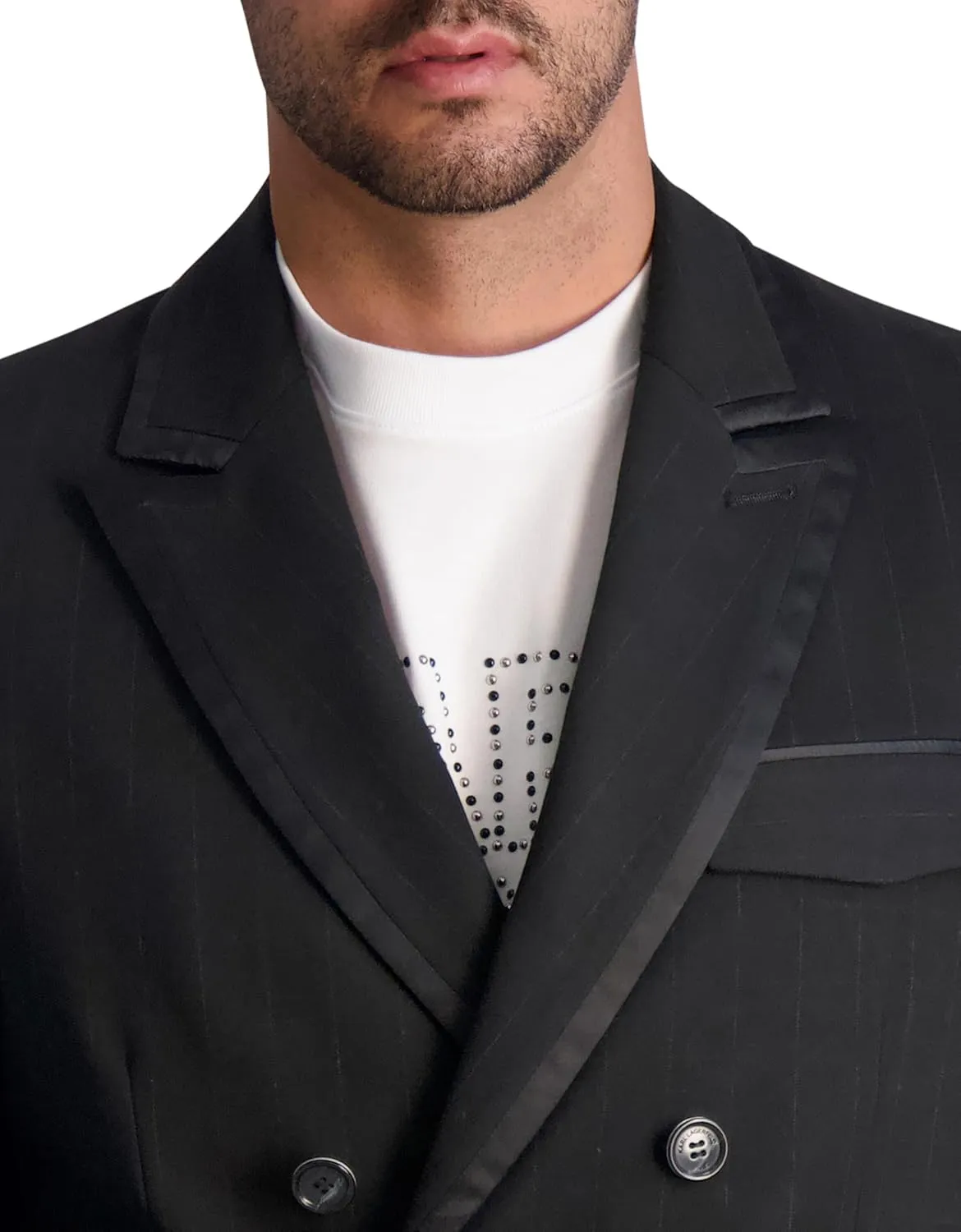 Karl Lagerfeld Paris Men's Pin Stripe Long Sleeve Double Breasted Blazer