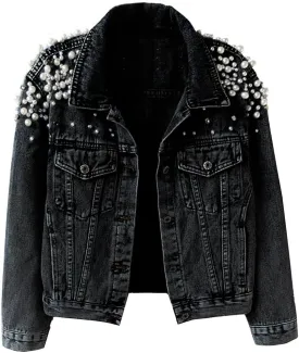 Kedera Women's Jean Jacket Embroidered Rivet Pearl Short Denim Jacket Coat