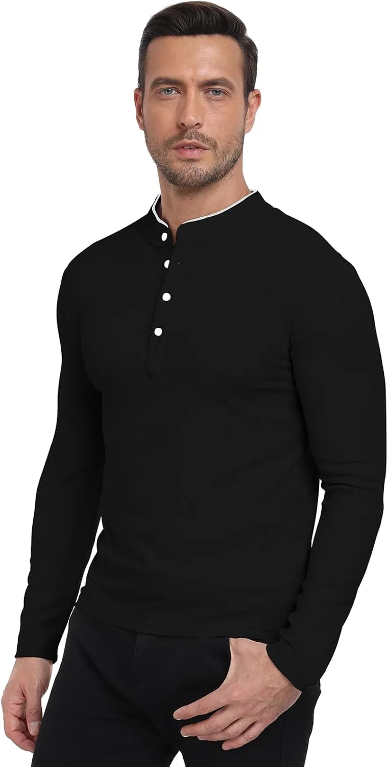 KUYIGO Men's Long Sleeve Waffle Mandarin Polo Shirts Fashion Button Slim Fit Casual Tops T-Shirt