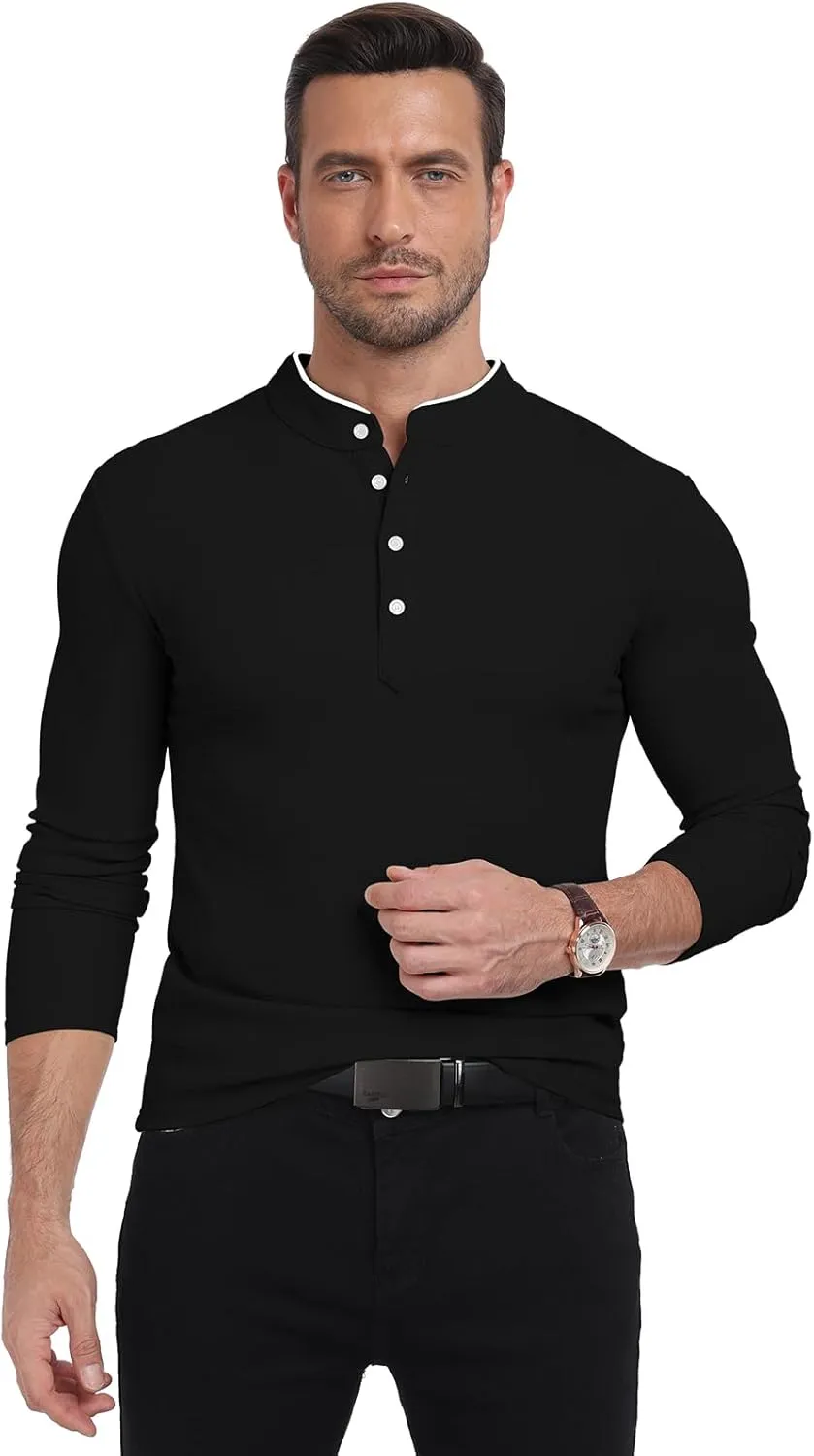 KUYIGO Men's Long Sleeve Waffle Mandarin Polo Shirts Fashion Button Slim Fit Casual Tops T-Shirt