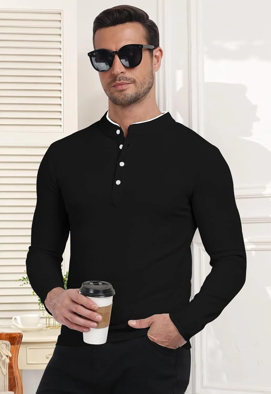 KUYIGO Men's Long Sleeve Waffle Mandarin Polo Shirts Fashion Button Slim Fit Casual Tops T-Shirt