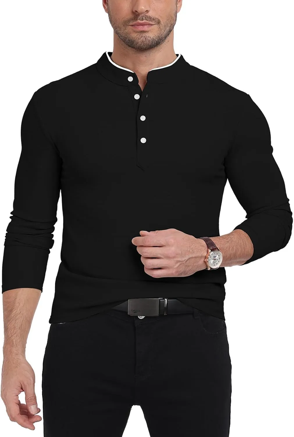 KUYIGO Men's Long Sleeve Waffle Mandarin Polo Shirts Fashion Button Slim Fit Casual Tops T-Shirt