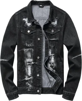 LAMKUKU Mens Denim Jacket Ripped Slim Jean Jacket Coat for Men