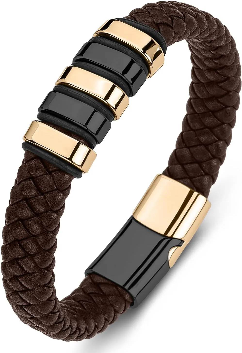 Leather Bracelet for Men Braided Cuff Wristband Stainless Steel Clasp in Silver and Gold Jewellery Gift