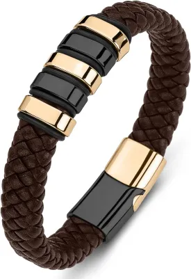 Leather Bracelet for Men Braided Cuff Wristband Stainless Steel Clasp in Silver and Gold Jewellery Gift