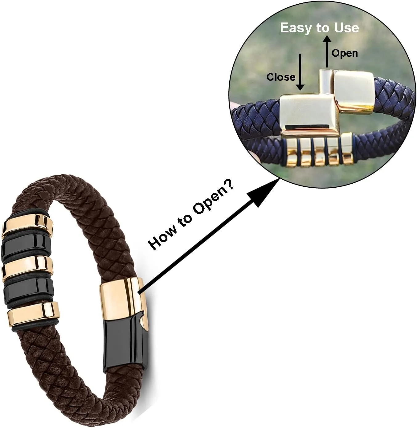 Leather Bracelet for Men Braided Cuff Wristband Stainless Steel Clasp in Silver and Gold Jewellery Gift