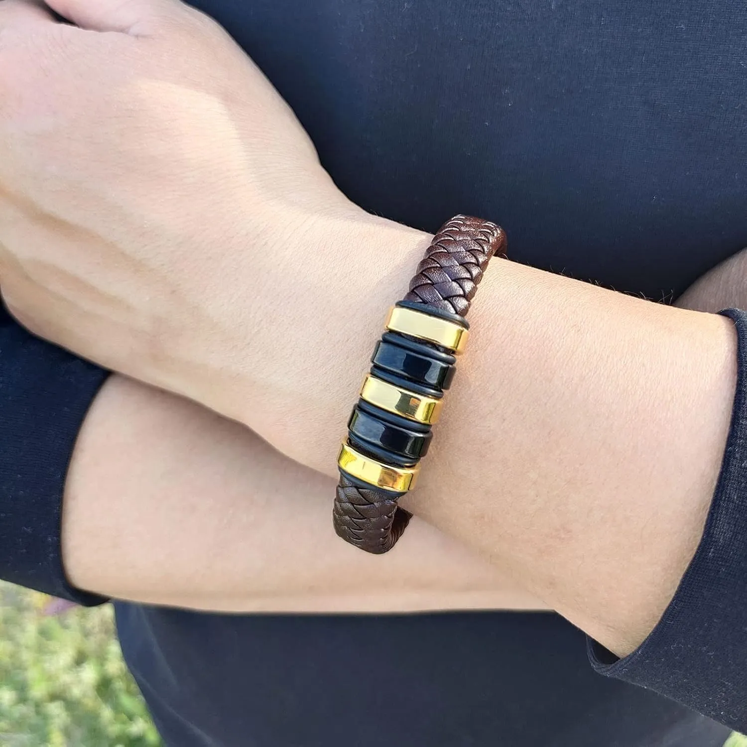 Leather Bracelet for Men Braided Cuff Wristband Stainless Steel Clasp in Silver and Gold Jewellery Gift