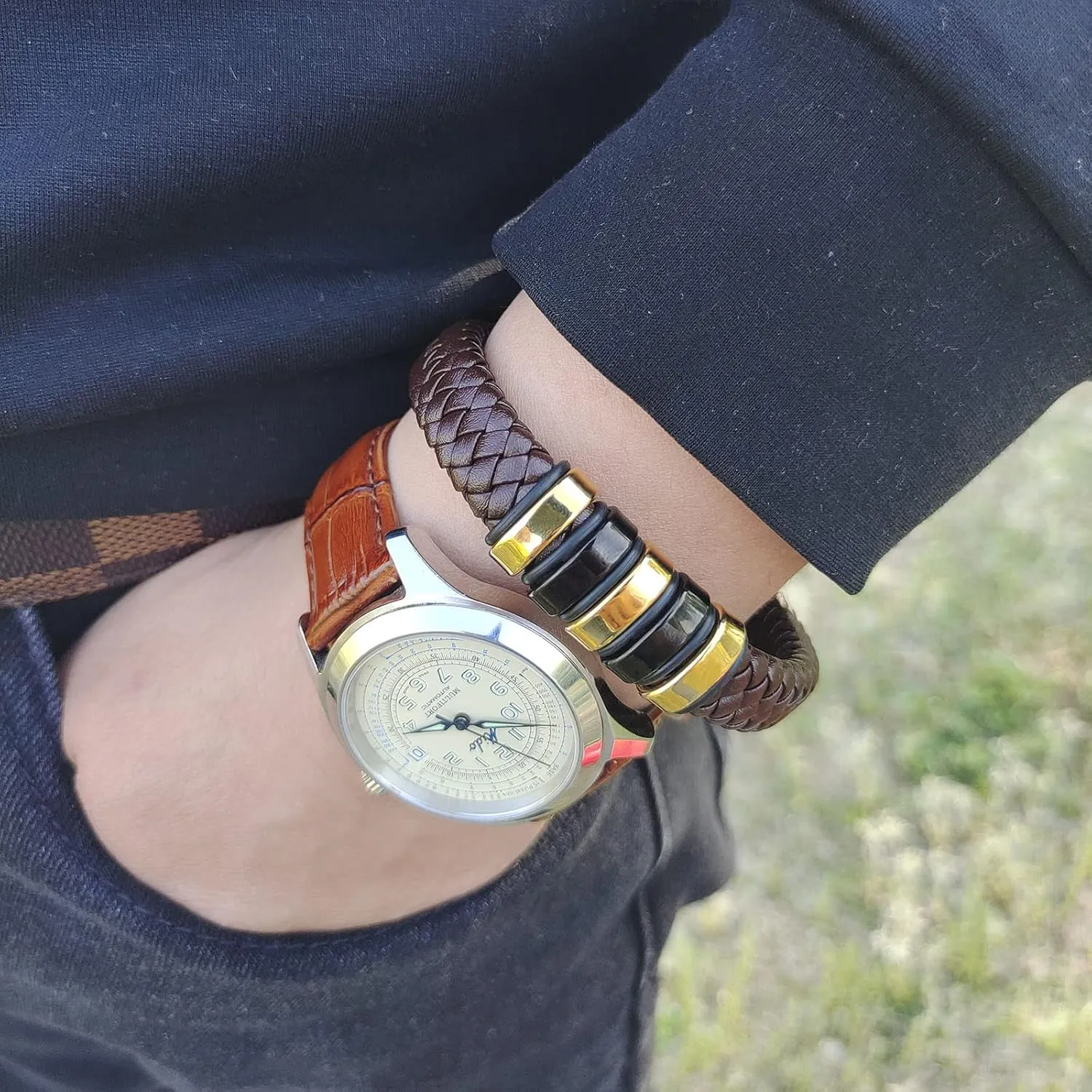 Leather Bracelet for Men Braided Cuff Wristband Stainless Steel Clasp in Silver and Gold Jewellery Gift