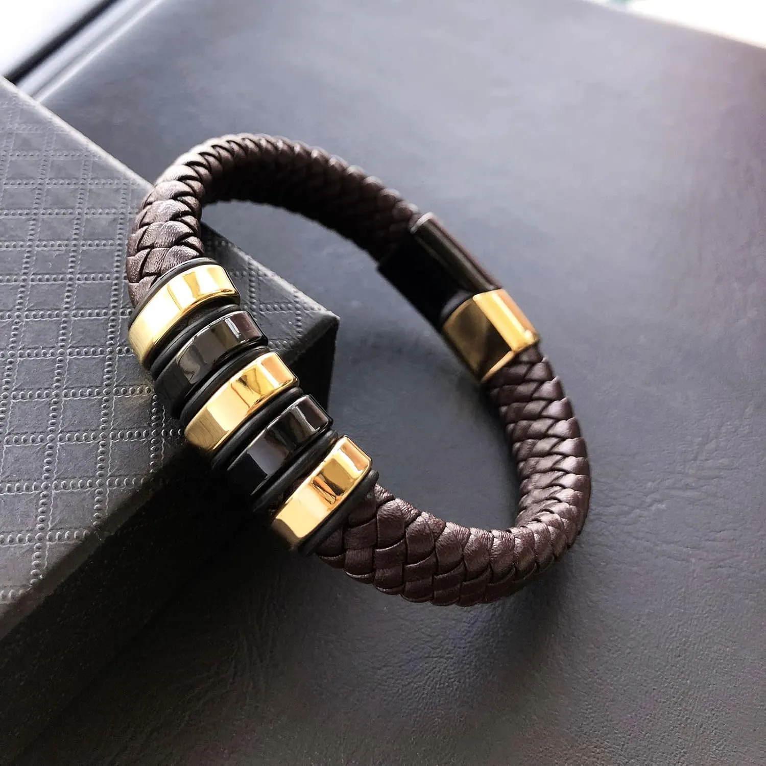 Leather Bracelet for Men Braided Cuff Wristband Stainless Steel Clasp in Silver and Gold Jewellery Gift