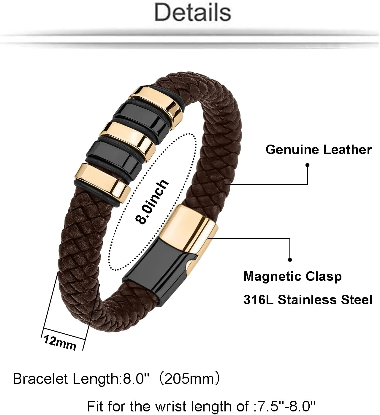 Leather Bracelet for Men Braided Cuff Wristband Stainless Steel Clasp in Silver and Gold Jewellery Gift
