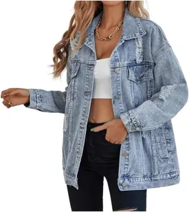 LifeShe Women's long oversized denim jacket boyfriend ripped distressed jean jackets coat