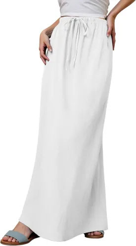 Linen Maxi Skirts for Women Trendy Comfy Drawstring A Line Skirts Boho Dress Long Flowy Skirt Summer Vacation Outfits