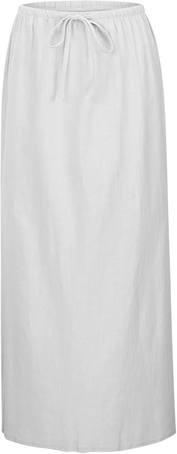 Linen Maxi Skirts for Women Trendy Comfy Drawstring A Line Skirts Boho Dress Long Flowy Skirt Summer Vacation Outfits