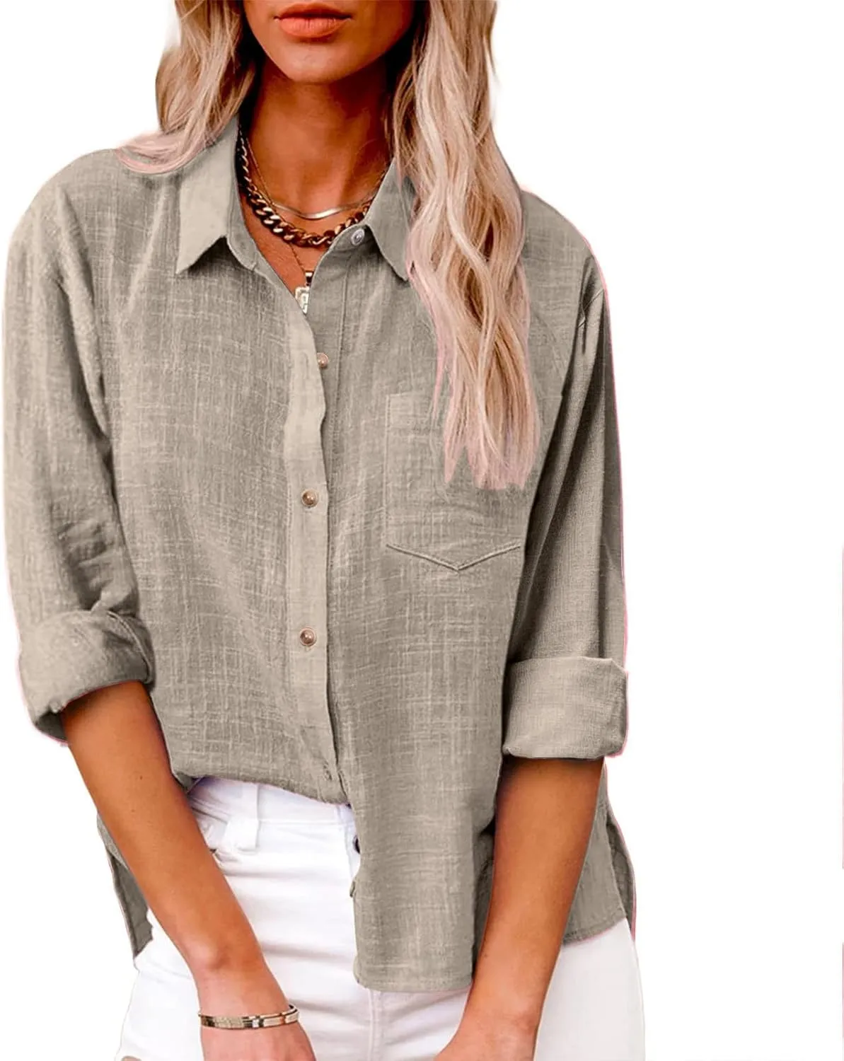 Linen Shirts for Women Summer Long Sleeve Lapel Button Down Shirt Lightweight Gauze Tops Loose Casual Blouses Clothes