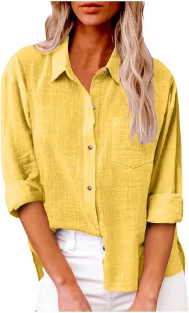 Linen Shirts for Women Summer Long Sleeve Lapel Button Down Shirt Lightweight Gauze Tops Loose Casual Blouses Clothes
