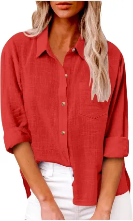 Linen Shirts for Women Summer Long Sleeve Lapel Button Down Shirt Lightweight Gauze Tops Loose Casual Blouses Clothes
