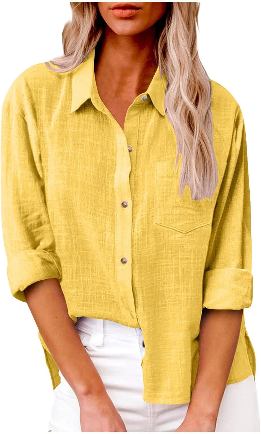 Linen Shirts for Women Summer Long Sleeve Lapel Button Down Shirt Lightweight Gauze Tops Loose Casual Blouses Clothes