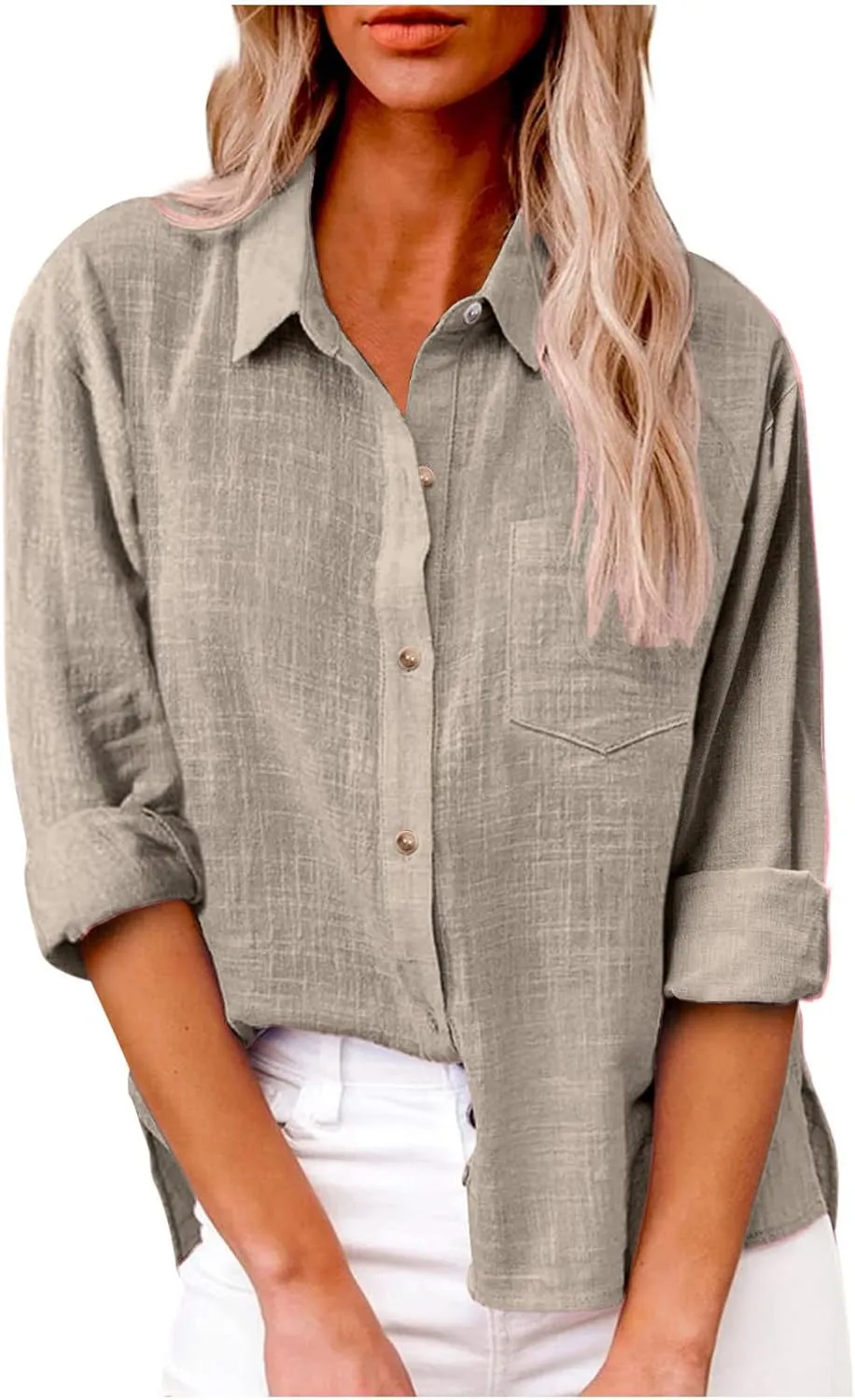 Linen Shirts for Women Summer Long Sleeve Lapel Button Down Shirt Lightweight Gauze Tops Loose Casual Blouses Clothes