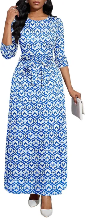 Long Dress for Women Casual Long Sleeve Dresses Maxi Dress Empire Waist Loose with Belt 2025
