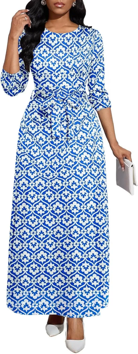 Long Dress for Women Casual Long Sleeve Dresses Maxi Dress Empire Waist Loose with Belt 2025