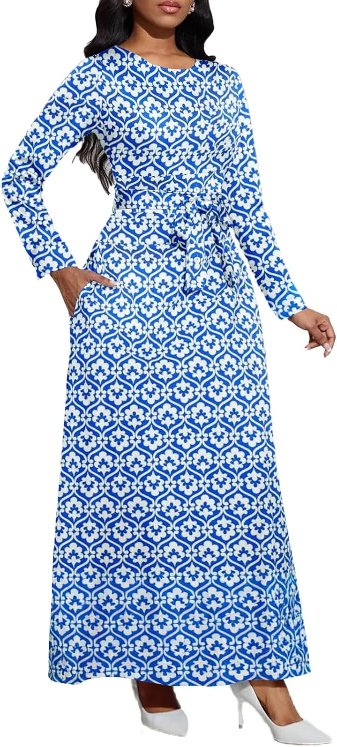 Long Dress for Women Casual Long Sleeve Dresses Maxi Dress Empire Waist Loose with Belt 2025