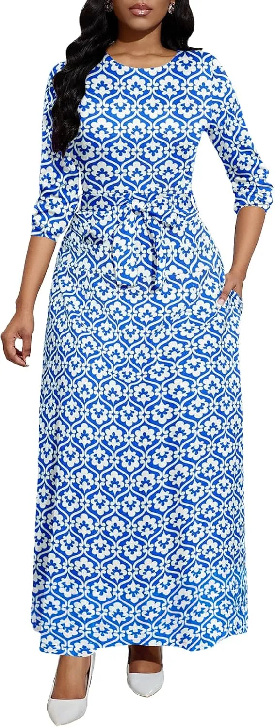 Long Dress for Women Casual Long Sleeve Dresses Maxi Dress Empire Waist Loose with Belt 2025