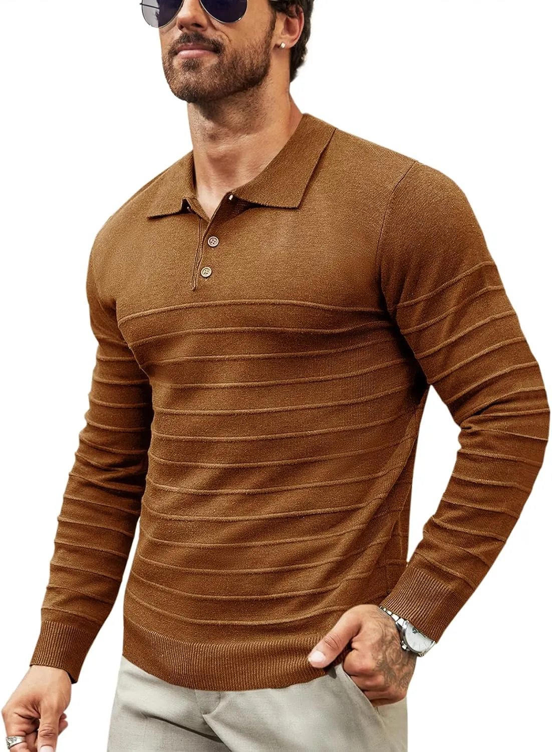 Makkrom Mens Polo Shirts Long Sleeve Striped Pullover Casual Slim Fit Solid Knit Sweater Classic Golf Shirt