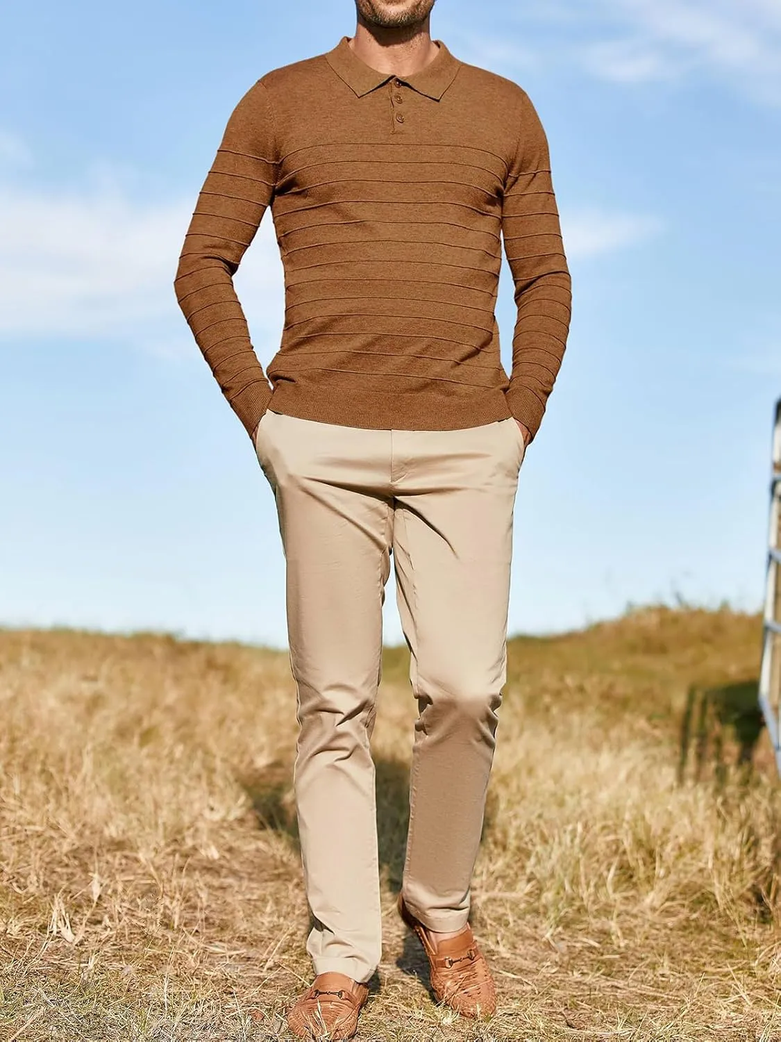 Makkrom Mens Polo Shirts Long Sleeve Striped Pullover Casual Slim Fit Solid Knit Sweater Classic Golf Shirt