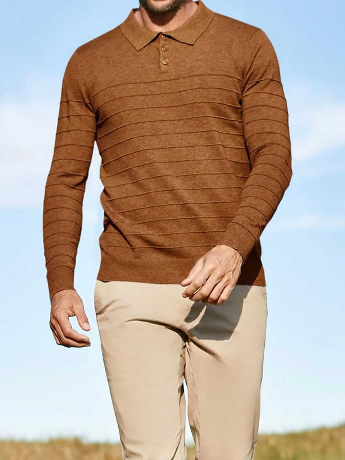 Makkrom Mens Polo Shirts Long Sleeve Striped Pullover Casual Slim Fit Solid Knit Sweater Classic Golf Shirt