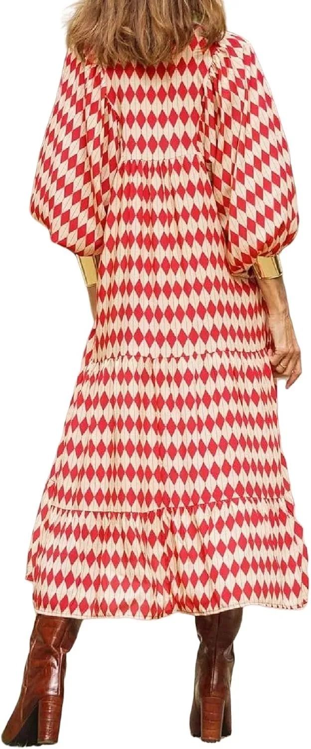 Maxi Dresses for Women Summer V Neck Puff Sleeve Floral Flowy Swing Long Dresses Casual Loose Fit Bohemian Beach Dress