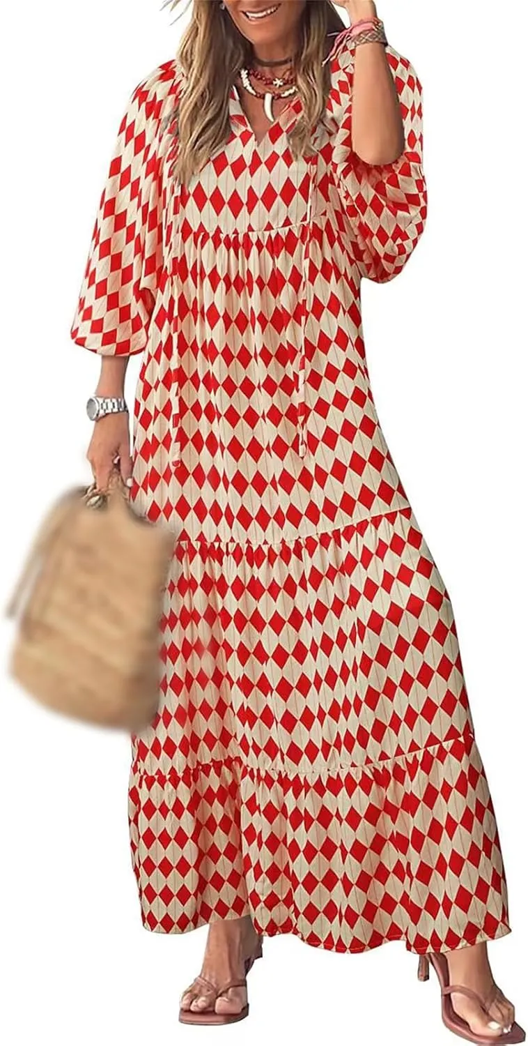 Maxi Dresses for Women Summer V Neck Puff Sleeve Floral Flowy Swing Long Dresses Casual Loose Fit Bohemian Beach Dress