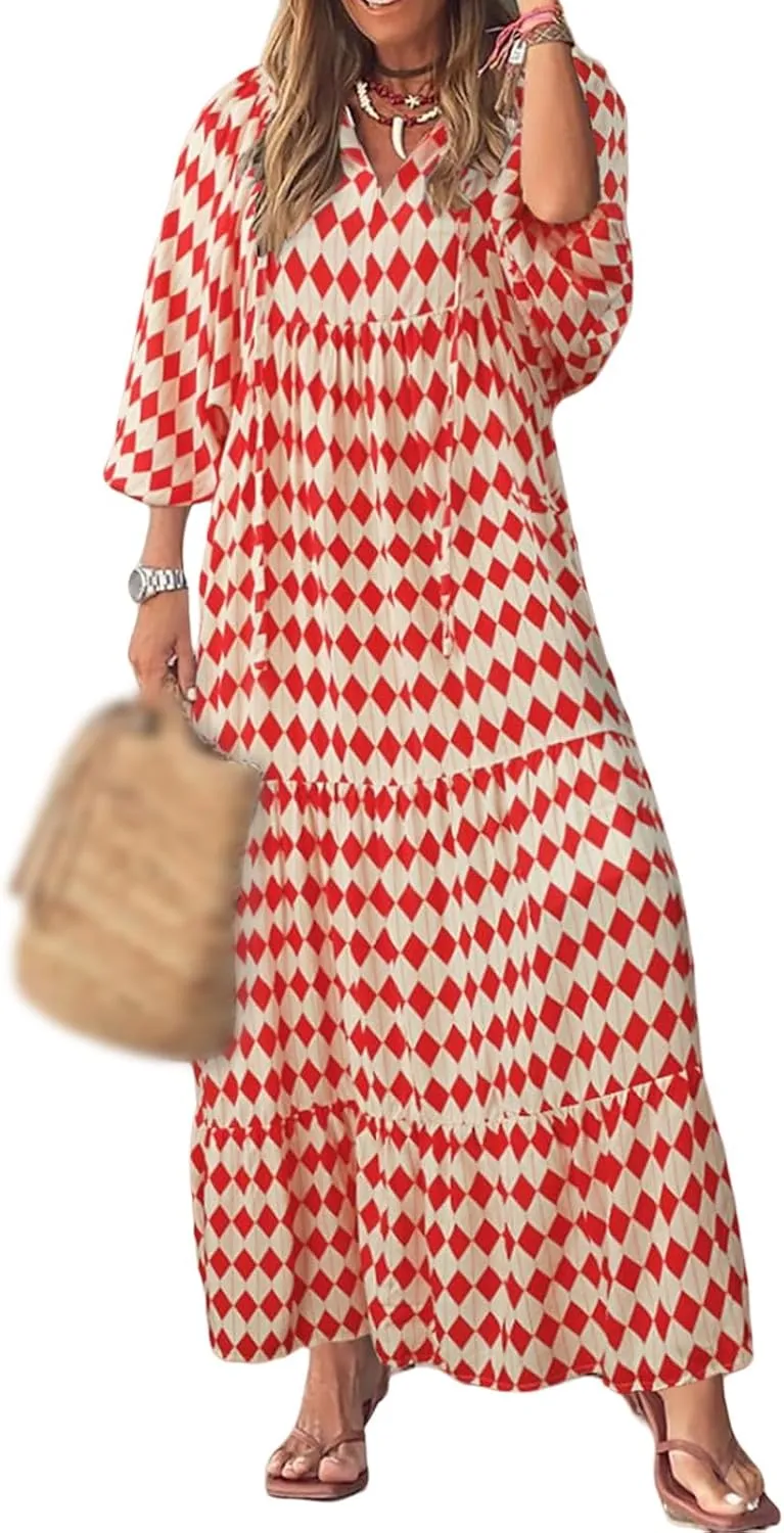 Maxi Dresses for Women Summer V Neck Puff Sleeve Floral Flowy Swing Long Dresses Casual Loose Fit Bohemian Beach Dress