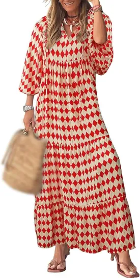 Maxi Dresses for Women Summer V Neck Puff Sleeve Floral Flowy Swing Long Dresses Casual Loose Fit Bohemian Beach Dress