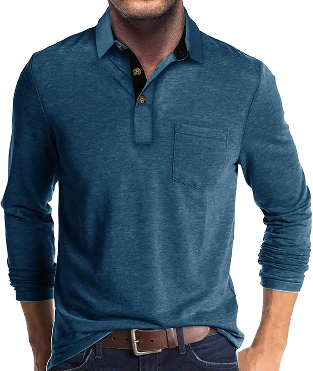 Men Fall Winter Polo Shirts Long Sleeved Flip Collar Tops Pocket Button V Neck T Shirts Golf Casual Sports Tops
