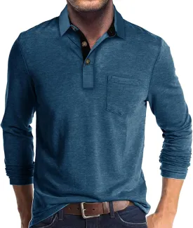Men Fall Winter Polo Shirts Long Sleeved Flip Collar Tops Pocket Button V Neck T Shirts Golf Casual Sports Tops