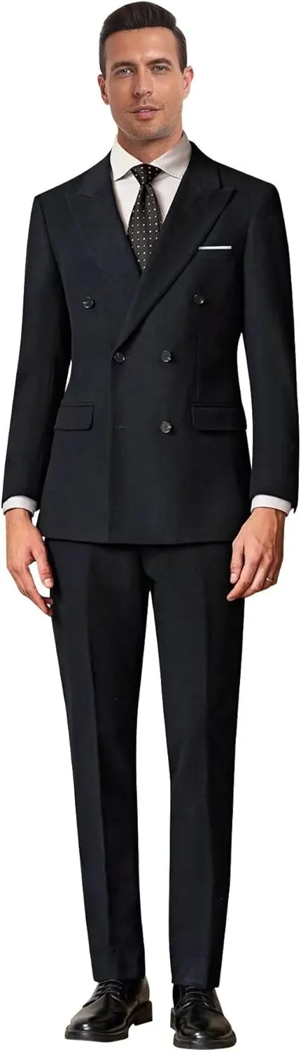 Mens Double Breasted Suit Slim Fit Solid Suit Jacket and Dress Pants 2 Piece Set Prom Wedding Suits for Men