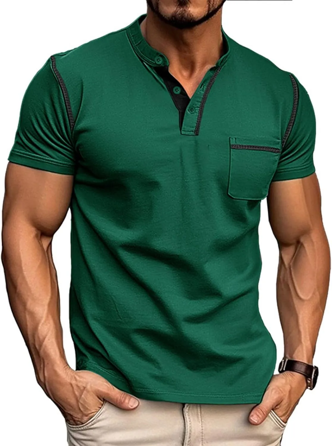 Men's Fashion Henley Shirt Classic Short/Long Sleeve Lightweight Button Cotton T-Shirt Casual Top